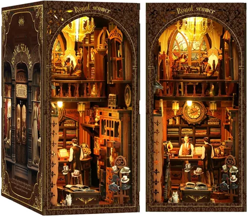 Vista 8 de Kit de rincón de libros de bricolaje 3D rompecabezas de madera para adultos, kit de casa en miniatura de librería, estantería de libro, decoración