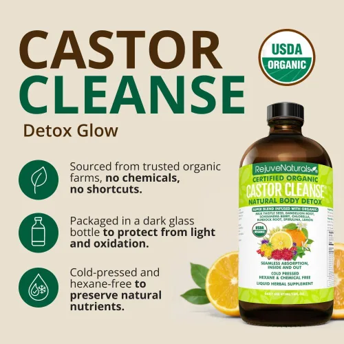 Vista 4 de RejuveNaturals Castor Cleanse™ - Aceite de ricino orgánico USDA, clorela, espirulina, raíces y verduras para el bienestar, apoyo digestivo