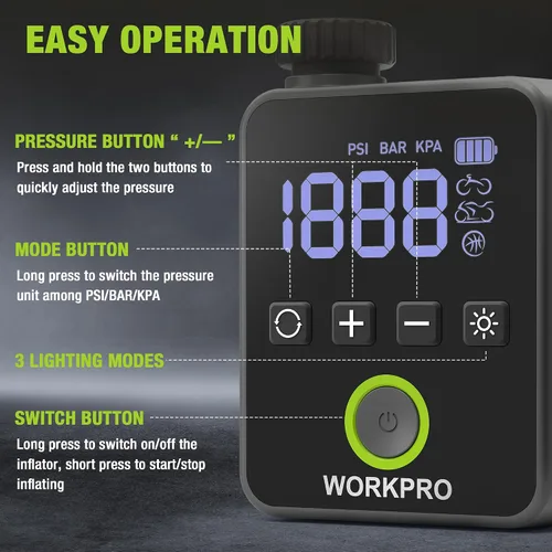 Vista 6 de WORKPRO Mini bomba eléctrica de la bici, inflador portátil del neumático de 140 PSI Digital Gauge, Auto Shut-Off, 3 Inflation Modes, LED Light