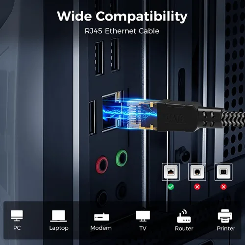Vista 7 de Cable Ethernet Cat 8 de 1 pie, cable de internet trenzado de alta velocidad cable de red con conector RJ45 chapado en oro de 40 Gbps 2000 Mhz, cable