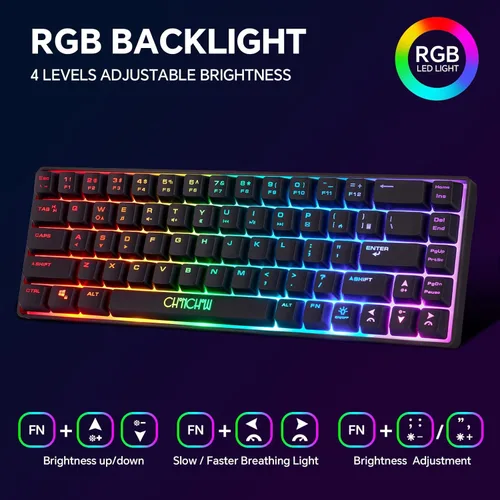 Vista 5 de CHONCHOW Combo de teclado y mouse inalámbricos 60 % para juegos, retroiluminación RGB recargable con luz LED, mouse y teclado inalámbricos