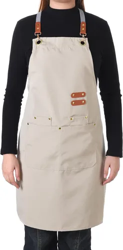 Vista 2 de Aoomzoon Delantal de cocina duradero, delantales de chef multifuncionales para mujeres y hombres con bolsillos para cocinar, hornear y uso diario