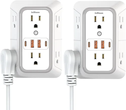 Vista 9 de Regleta de pared con cargador USB, protector contra sobretensiones con 4 puertos USB (2 USB C), extensión de enchufe, múltiples salidas, extensión