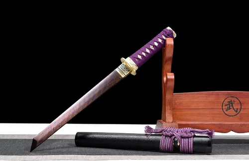 Vista 7 de Espada samurái de acero al carbono, espada pequeña japonesa Tanto espada pequeña Katana de espiga completa (morado)