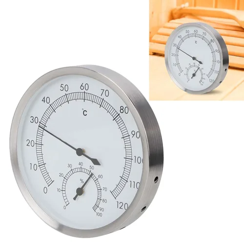 Vista 4 de Termo higrómetro, 2 en 1 de acero inoxidable para sala de vapor, sauna, termómetro higrómetro, higrómetro térmico para interiores
