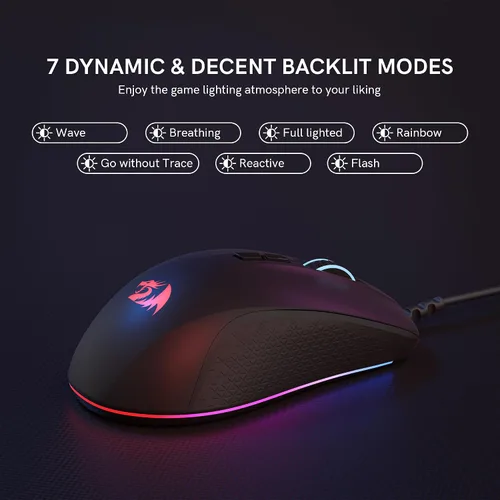 Vista 6 de Redragon Ratón para juegos con cable, ratones negros para juegos de PC con retroiluminación RGB, 7 botones macro programables, máximo 12800 DPI