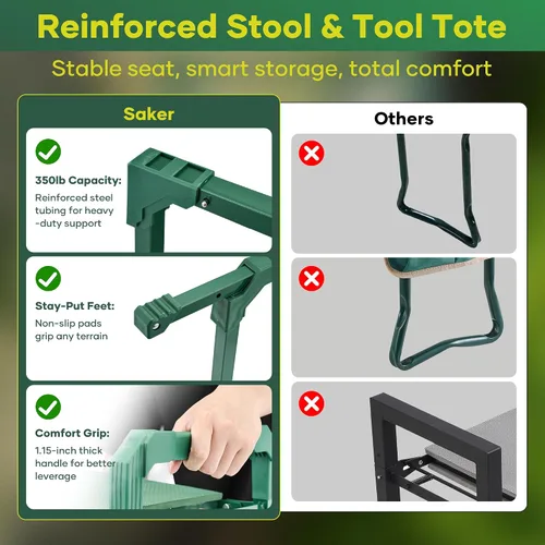 Vista 5 de Saker Rodillera y Asiento de Jardín Plegable con Patas Extensibles y Almohadilla Gruesa, Herramienta, Soporte de Trabajo Pesado para Adultos