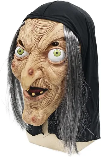 Vista 4 de EraSpooky Máscara de bruja para mujer, disfraz de Halloween, máscaras de látex de cabeza completa con pelo