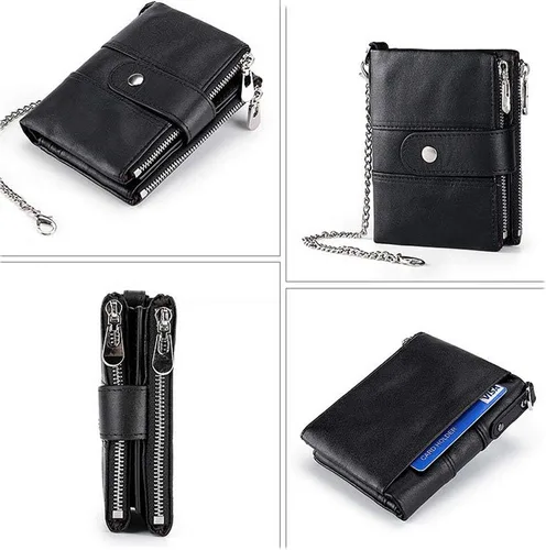 Vista 4 de boshiho Billeteras plegables de cuero real con bloqueo RFID para hombre, doble cremallera, bolsillo con cadena antirrobo
