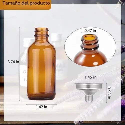 Vista 2 de Paquete de 6 botellas de vidrio ámbar de 2 onzas para extracto de vainilla, tarros redondos de vidrio marrón Boston a prueba de fugas con tapas