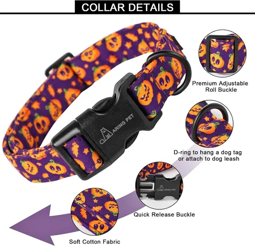 Vista 3 de Aring Pet Collar de algodón, ligero y ajustable, con hebilla de liberación rápida para perros pequeños, medianos y grandes, Halloween, morado