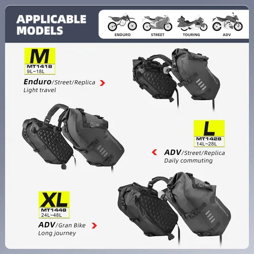 Vista 2 de Rhinowalk Bolsas de sillín impermeables antivibración para motocicleta, bolsas laterales para moto, bolsas de hombro para moto, alforjas de moto 18L