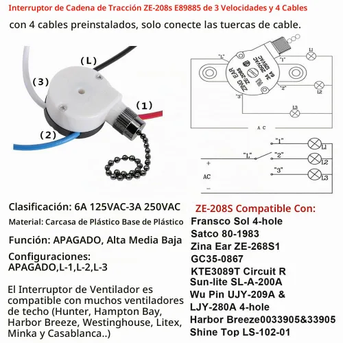 Vista 2 de Interruptor de ventilador de techo Zing Ear ZE-208s E89885 de 3 velocidades con 4 cables, interruptor de cadena de tracción, interruptor de luz
