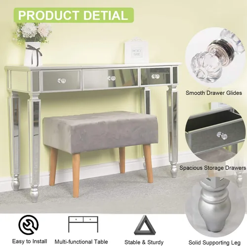 Vista 5 de Mesa de consola espejada, mesa de tocador de maquillaje con espejo de vidrio plateado para mujer, escritorio de escritura para el hogar, sala