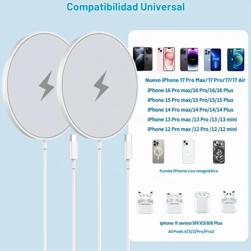 Vista 3 de [Certificado MFi de Apple] Cargador inalámbrico magnético para iPhone 17 16 15, 2 unidades de 6 pies y 15 W, cargador rápido Apple Mag-Safe USB C