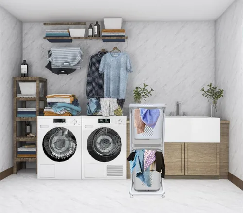 Vista 5 de Cesta de lavandería para baño, cesta de almacenamiento de ropa multicapa, estante de cocina simple, soporte de frutas (2 capas)