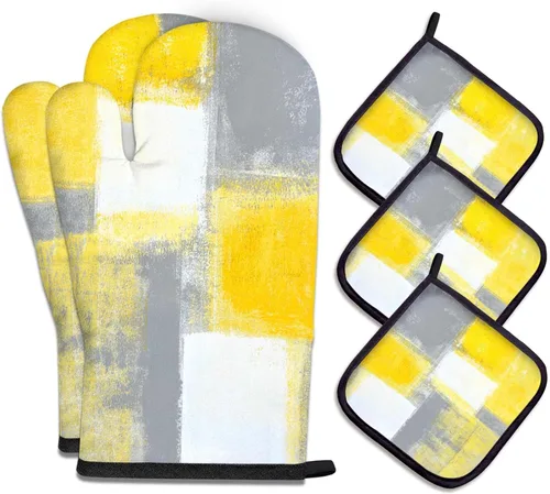 Vista 10 de MCALK Juego de 5 manoplas de horno y soportes para ollas, guantes abstractos para horno y almohadillas calientes para cocina de cocina, manoplas