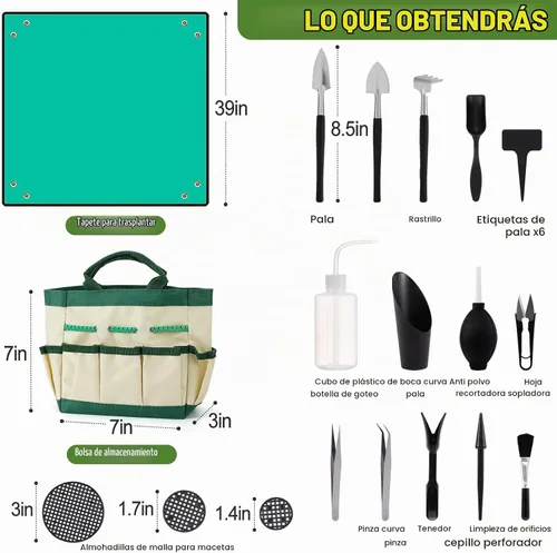 Vista 6 de Juego de 44 piezas de herramientas para plantas suculentas - Estera de re-plantación para interior de 39.4" y bolsa de 19 piezas de mini Verde