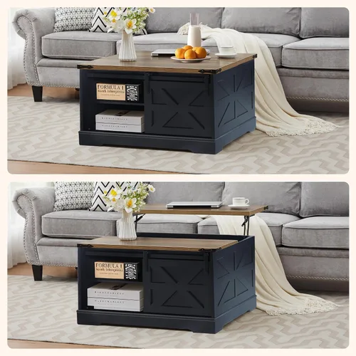 Vista 6 de Mesa auxiliar con tapa elevable, mesa de centro cuadrada de madera con puerta corrediza de granero y estante ajustable, mesa central rústica