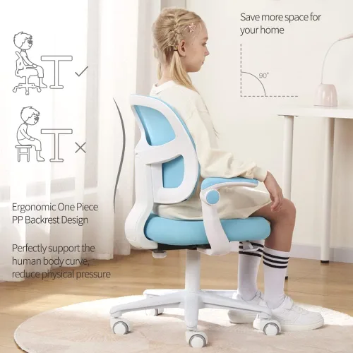 Vista 2 de Silla de escritorio para niños, silla para niños de altura ajustable. Diseño ergonómico. Adecuado para niños de 4 a 12 años, color azul claro