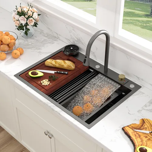 Vista 25 de Sarlai - Fregadero de cocina de cascada de 31 pulgadas, de montaje superior - 31x20 Fregadero de cocina con borde y estación de trabajo, de acero