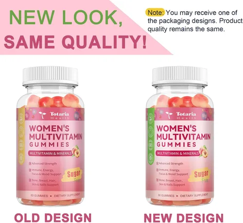 Vista 3 de Totaria Gomitas multivitamínicas sin azúcar para mujeres mayores de 14 años con hierro, inositol, folato, biotina, gomitas multivitamínicas diarias