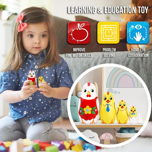 Vista 5 de AEVVV Juego de 5 muñecas de anidación de pollo - Decoración de cocina de pollo - Muñecas apilables de madera - Muñeca Matryoshka pintada a mano rusa