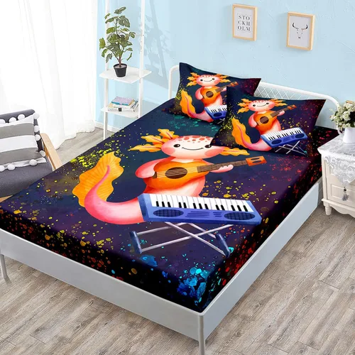 Vista 17 de HOSIMA - Juego de ropa de cama con diseño de ajolote para decoración de dormitorio infantil, patrón de dibujos animados espaciales Kawaii, animales
