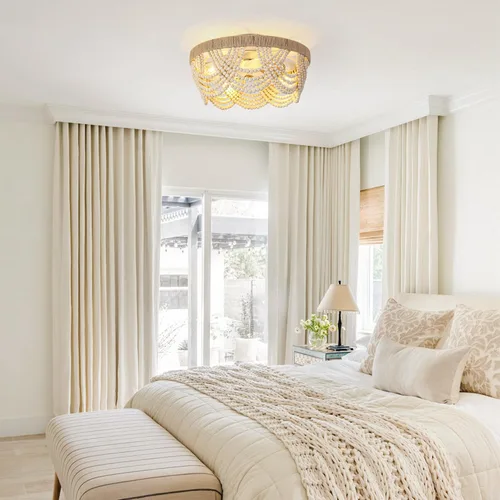 Vista 2 de Ventiladores de techo con luces de montaje empotrado, de 20 pulgadas, con lámpara de madera estilo Bohemia con cuentas, control remoto y aplicación