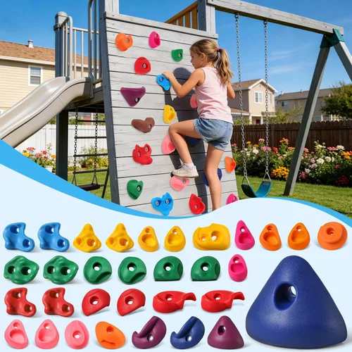 Vista 17 de Juego de 20 soportes de escalada en roca para niños, agarres de pared para escalada en roca, juego de pared para interiores y exteriores, juego