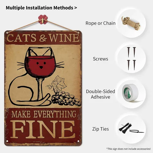 Vista 3 de LAHUTK Cartel de letreros divertidos con diseño de gato y vino «Make Everything», arte de pared de metal fino para oficina, dormitorio, bar, garaje