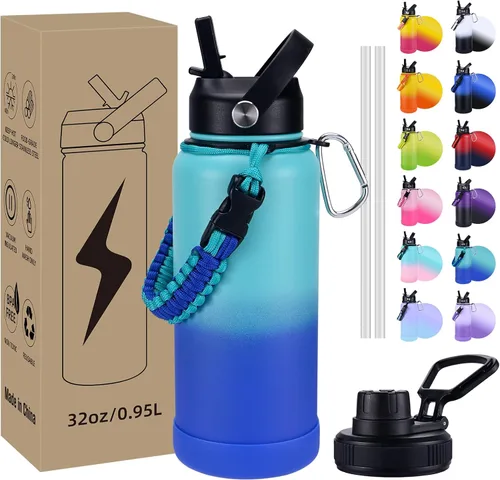 Vista 8 de Botella de Agua Aislada, botellas de agua de boca ancha de acero inoxidable de 32 onzas con 2 tapas a prueba de fugas y mango de paracord, botella
