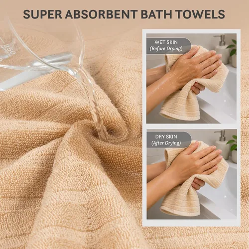 Vista 5 de TRIDENT Juego de 4 toallas de baño beige de secado rápido 100% algodón