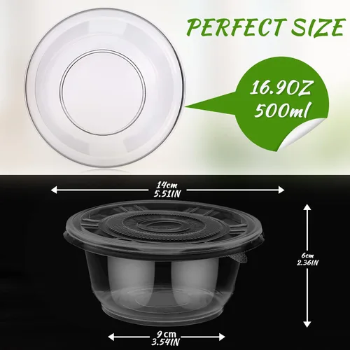 Vista 2 de Xinnun Paquete de 50 cuencos de plástico transparente con tapa, desechables, cuencos de plástico transparente de 16.9 onzas, recipiente para servir