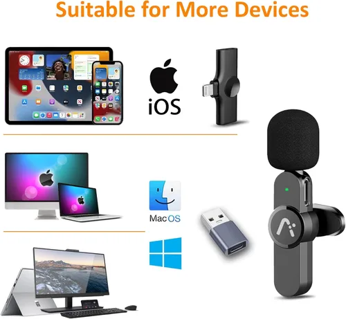 Vista 2 de Micrófono inalámbrico lavalier, Micrófonos de clip, Audio Hi-Fi, Micrófono inalámbrico A3, para iPhone 7-14, Laptop, Reunión Zoom, Grabación