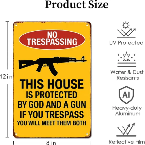 Vista 2 de Póster de metal retro con advertencia de "No Trespassing Gun" para garaje, hombre, cueva, baño, dormitorio, granja, inspirador, arte de pared