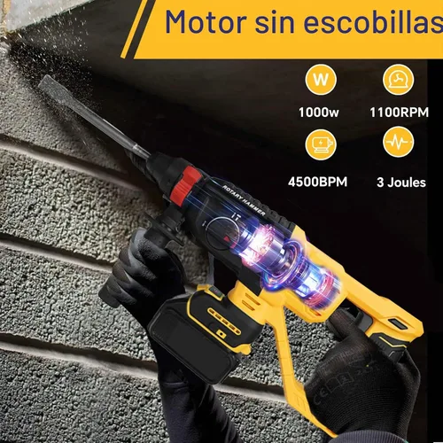 Vista 4 de Taladro de martillo giratorio inalámbrico para batería Dewalt de 20 V, SDS-Plus sin escobillas de 3 julios con 4 modos, mango auxiliar de 360° y 5