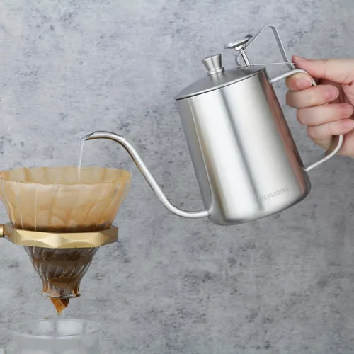 Vista 3 de Easyworkz Gage - Hervidor de café de cuello de cisne para verter sobre 20 onzas con termómetro de acero inoxidable con boquilla larga y estrecha