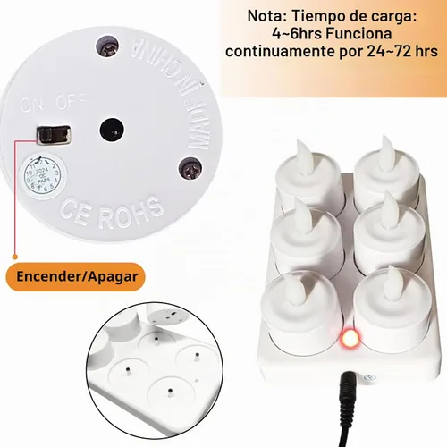 Vista 5 de 12 velas sin llama, velas LED recargables, velas eléctricas que funcionan con pilas con base de carga. Velas falsas perfectas para decoración