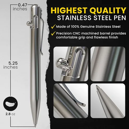 Vista 5 de BASTION® Bolígrafo de acción de perno de lujo, bolígrafo profesional duradero con punta fina, bolígrafo táctico EDC recargable de tinta – 100% acero