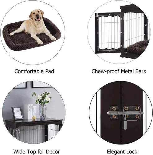 Vista 4 de unipaws - Mesa auxiliar estilo mueble con cojín para perros de 36 pulgadas, jaulas de alambre de madera para mascotas con puertas dobles, casa Marrón