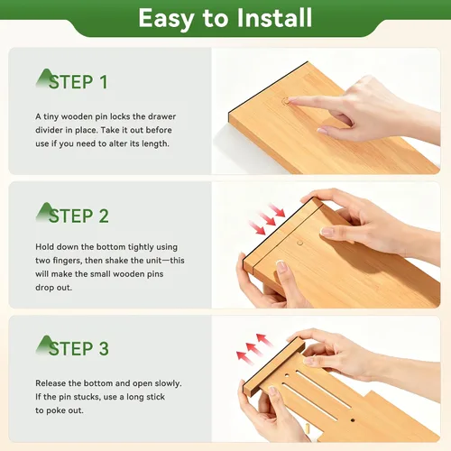 Vista 3 de FJO 6 Pack Bamboo Drawer Dividers 4.65" High Adjustable from 17'' to 22'' Strong Spring Loaded, Expandable Utensil Organizer, Works in Kitchen