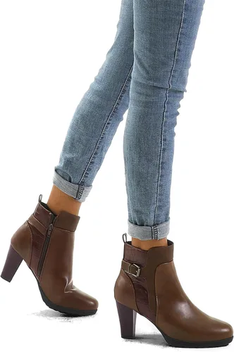 Vista 2 de mysoft - Botines de mujer con cremallera, tacón grueso apilado, botas de tobillo con hebilla y correa en el tobillo Marrón (Brown Buckle)