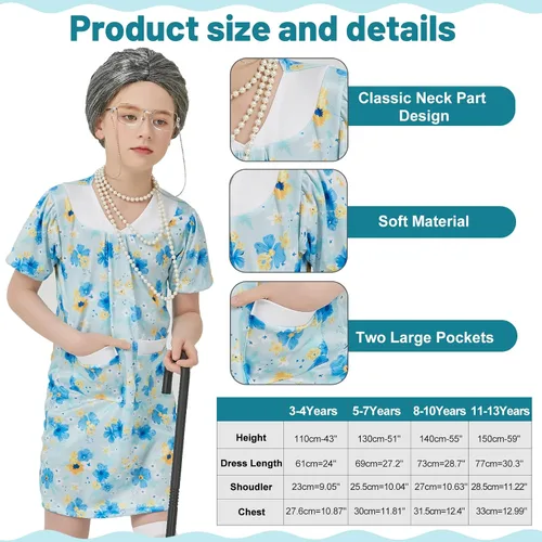Vista 3 de Old Lady Costume for Kids - 100 Days of School Costume for Girls,Grandma Nightgown Granny Wig,Old Woman Costume Set