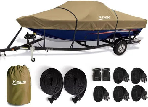 Vista 8 de Kayme Cubierta de lancha resistente 1200D para barcos de 14 a 16 pies, impermeable, resistente al desgarro con correas reforzadas al viento, ideal
