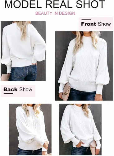 Vista 3 de Dokotoo Suéter casual de invierno para mujer, manga larga, color sólido, punto trenzado, manga de globo, cuello alto falso