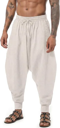 Vista 2 de perdontoo Pantalones harén para hombre, ajuste holgado, cintura elástica, cordón ajustable, pantalones hippie Aladdin beige