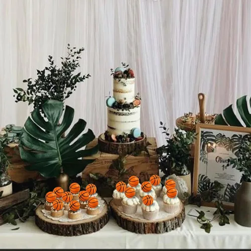 Vista 4 de Rsstarxi Paquete de 12 adornos 3D para cupcakes de baloncesto para decoración de tartas de baloncesto para temática deportiva, baby shower, fiesta