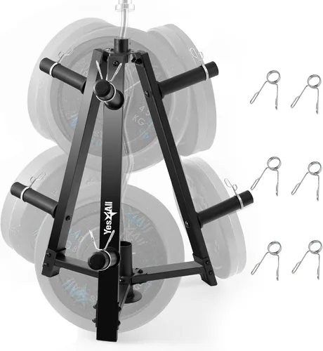 Vista 10 de Yes4All 6 clavijas y 4 estantes de almacenamiento de pesas que cargan hasta 1190 libras – soporte para árbol de pesas y barra montado en la pared