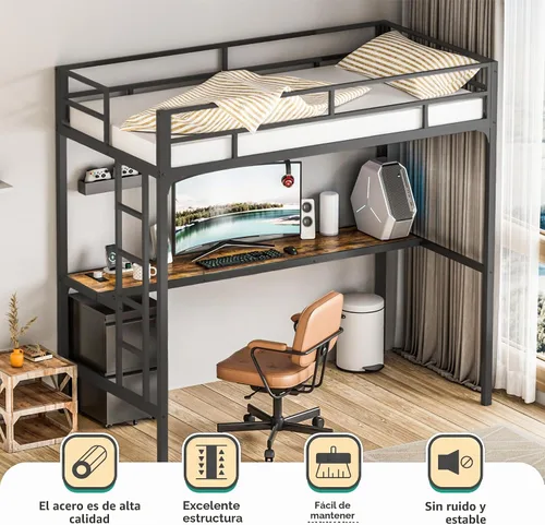 Vista 3 de Greenvelly Cama alta de metal con escritorio, cama individual tipo loft de tamaño matrimonial con enchufe de carga USB, luces LED, litera
